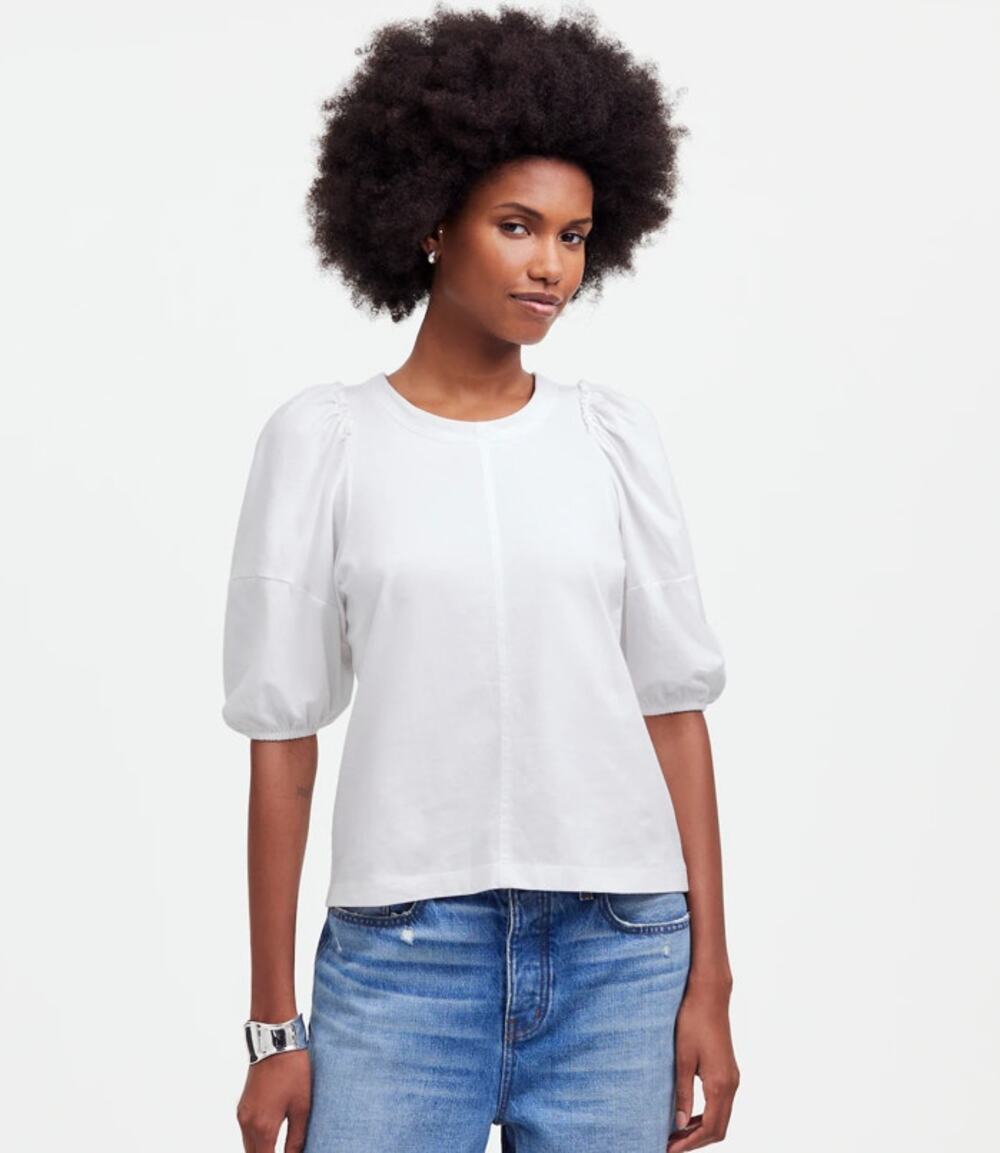 Madewell Puff-Sleeve Tee WMNS M White Crew Neck Cotton Relaxed Fit Ruffle Accent